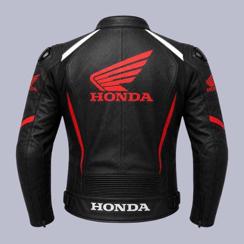 Black Honda Wing motorcycle leather jacket with CE approved armor