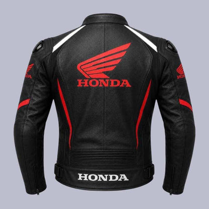 Black Honda Wing motorcycle leather jacket with CE approved armor