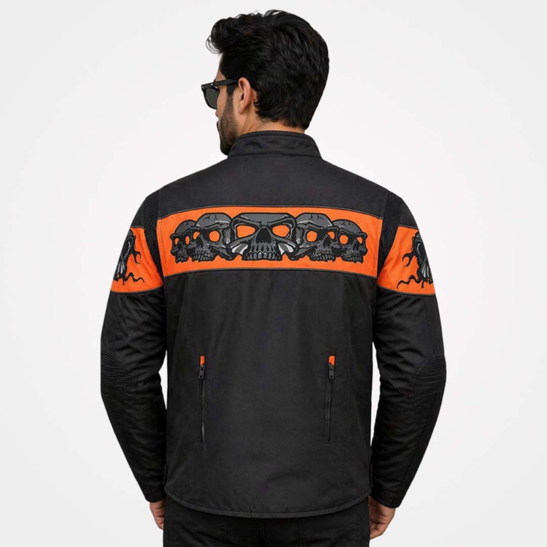 Immortal Mens Black Orange Textile Armored Motorcycle Jacket
