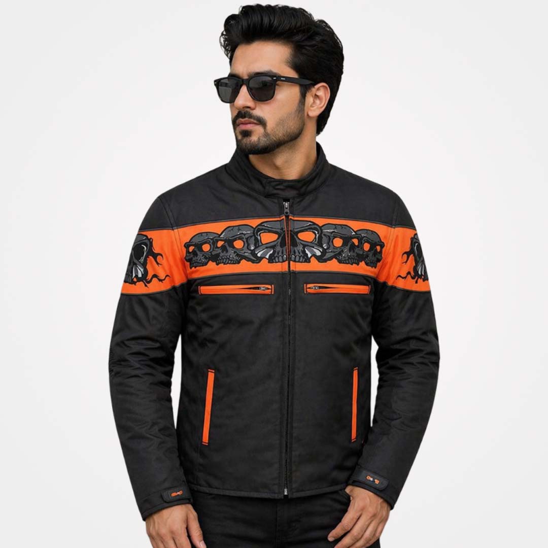 Immortal Mens Black Orange Textile Armored Motorcycle Jacket