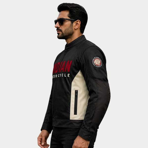 Indian Motorcycle Men Mesh Riding Jacket Black Cream Lightweight Racing Jacket