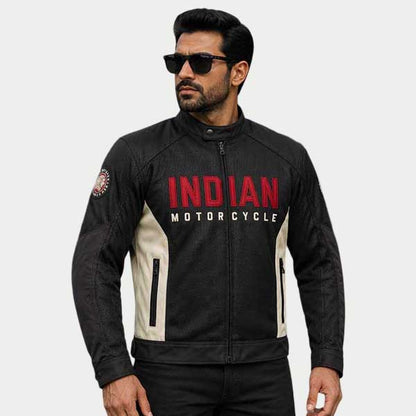 Indian Motorcycle Men Mesh Riding Jacket Black Cream Lightweight Racing Jacket