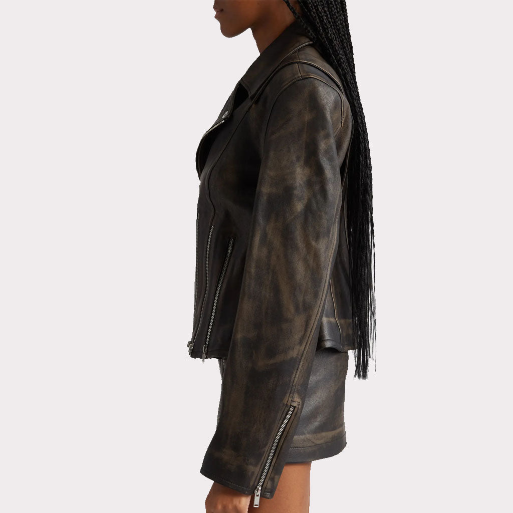 Distressed Black Leather Jacket with Zipper Detail for Women