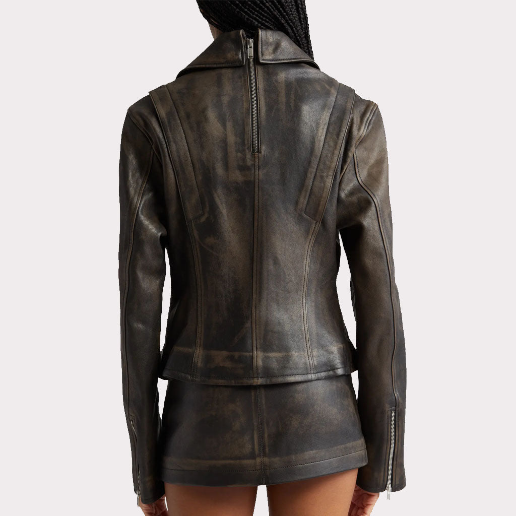 Distressed Black Women's Leather Jacket with Zipper Detail