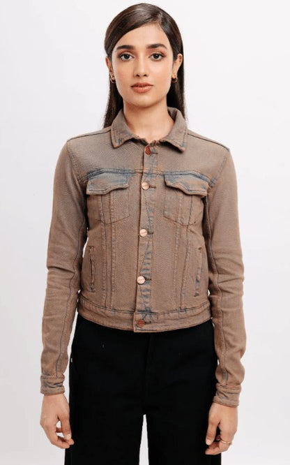 Women’s Distressed Denim Trucker Jacket - Brown Casual Style