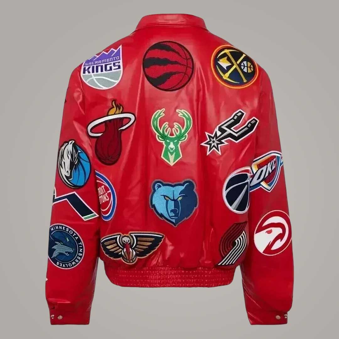 Jeff Hamilton NBA Collage Real Leather Jacket Red Men's Basketball Varsity Style
