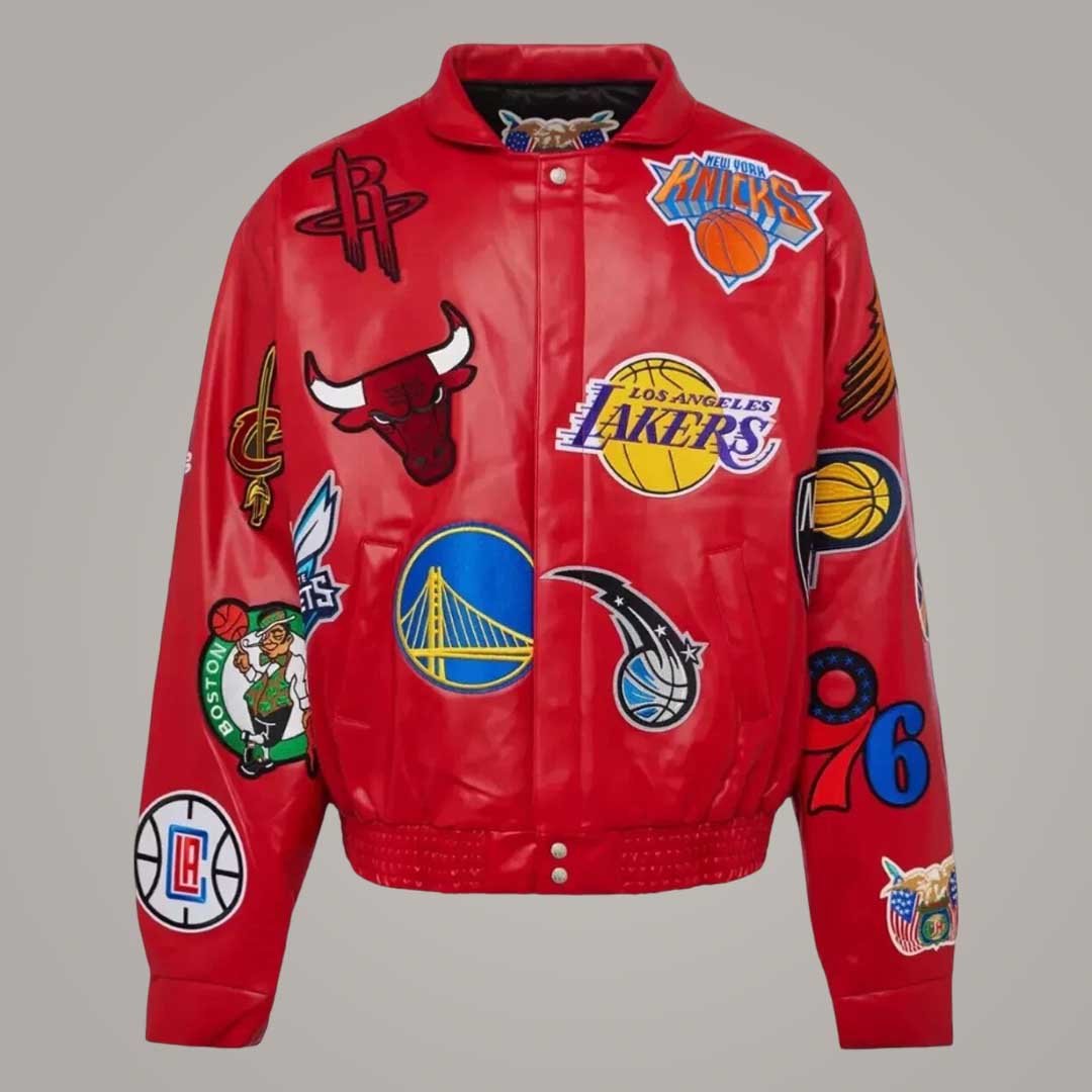 Jeff Hamilton NBA Collage Real Leather Jacket Red Men's Basketball Varsity Style