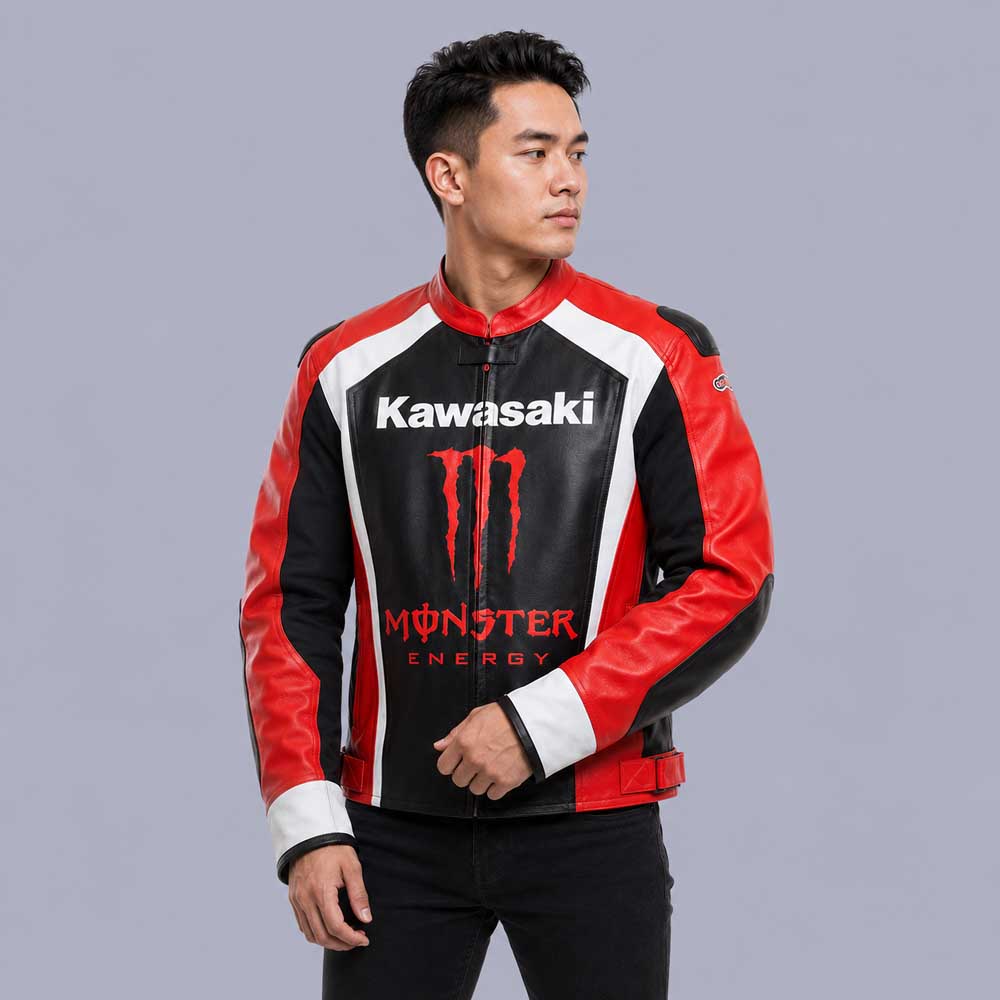 Kawasaki cowhide leather motorcycle racing jacket with CE approved armor