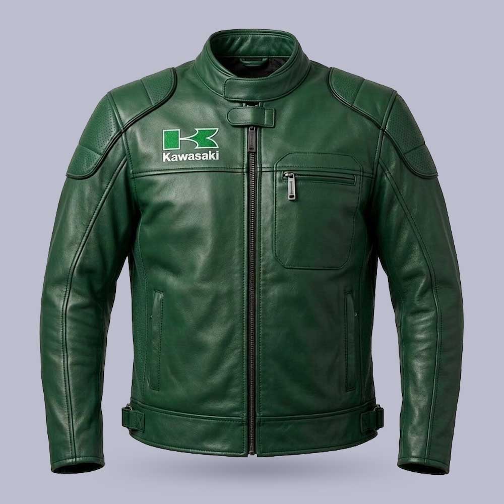 Kawasaki green leather motorcycle jacket for men with CE approved armor