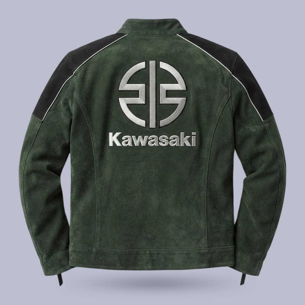 Premium green suede biker jacket with black shoulder panels