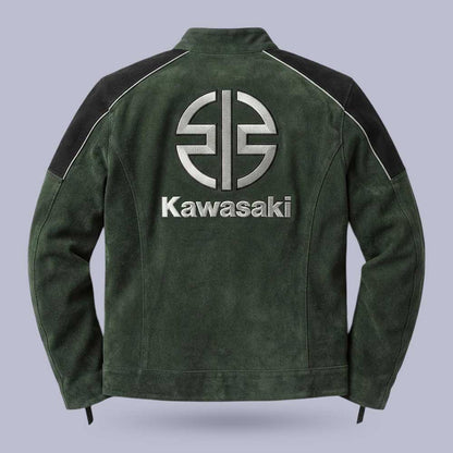 Premium green suede biker jacket with black shoulder panels
