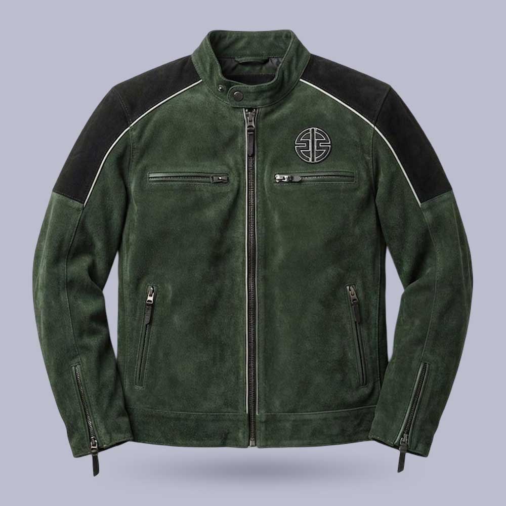 Kawasaki inspired green suede motorcycle jacket with vintage racing style
