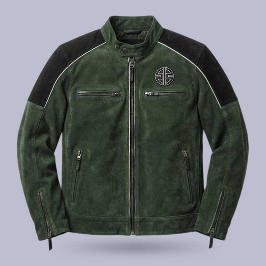 Kawasaki inspired green suede motorcycle jacket with vintage racing style
