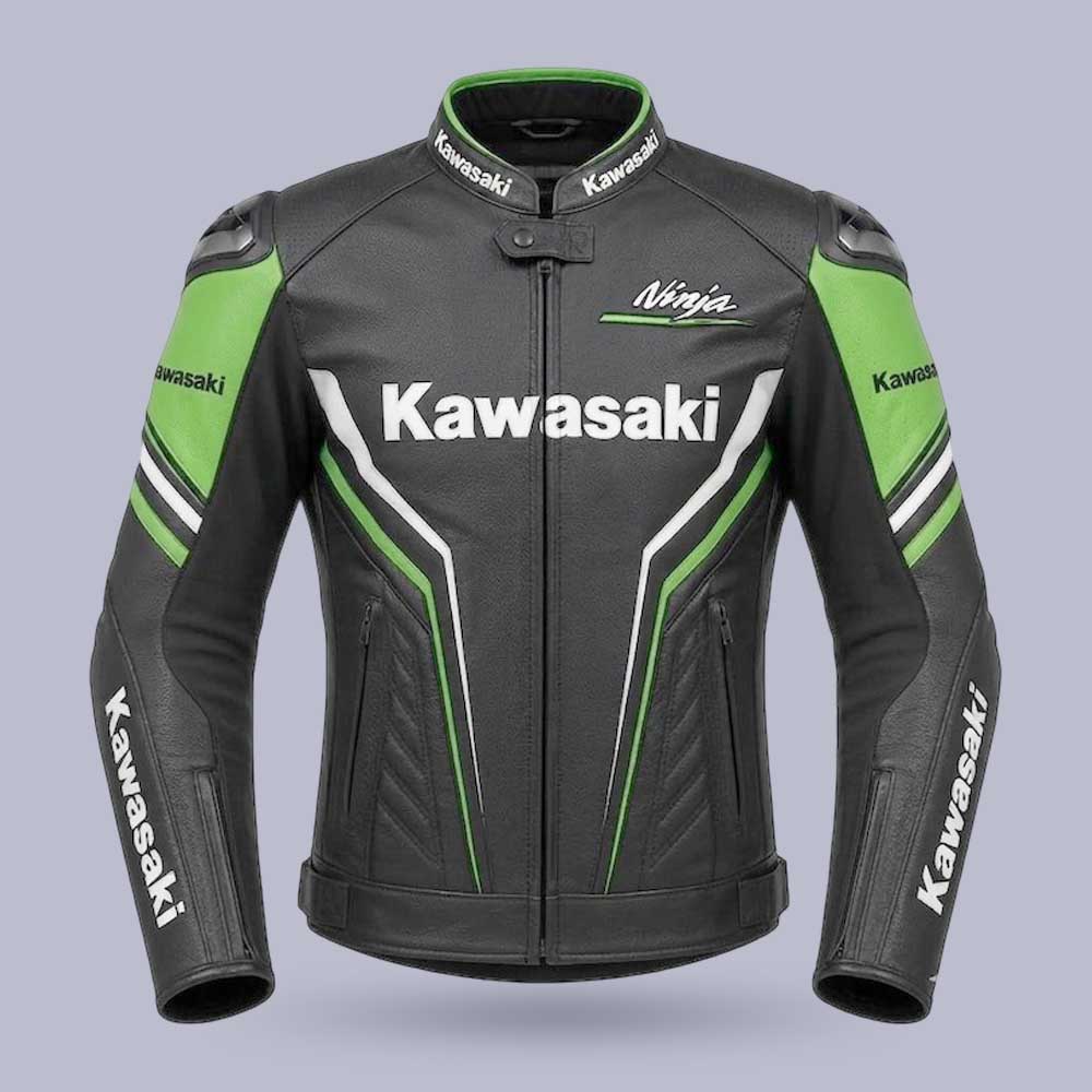 Kawasaki Inspired Black Green Leather Motorcycle Jacket for Men by Jackets Kingdom