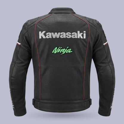 Premium Kawasaki Ninja black leather biker jacket for sport bike riders