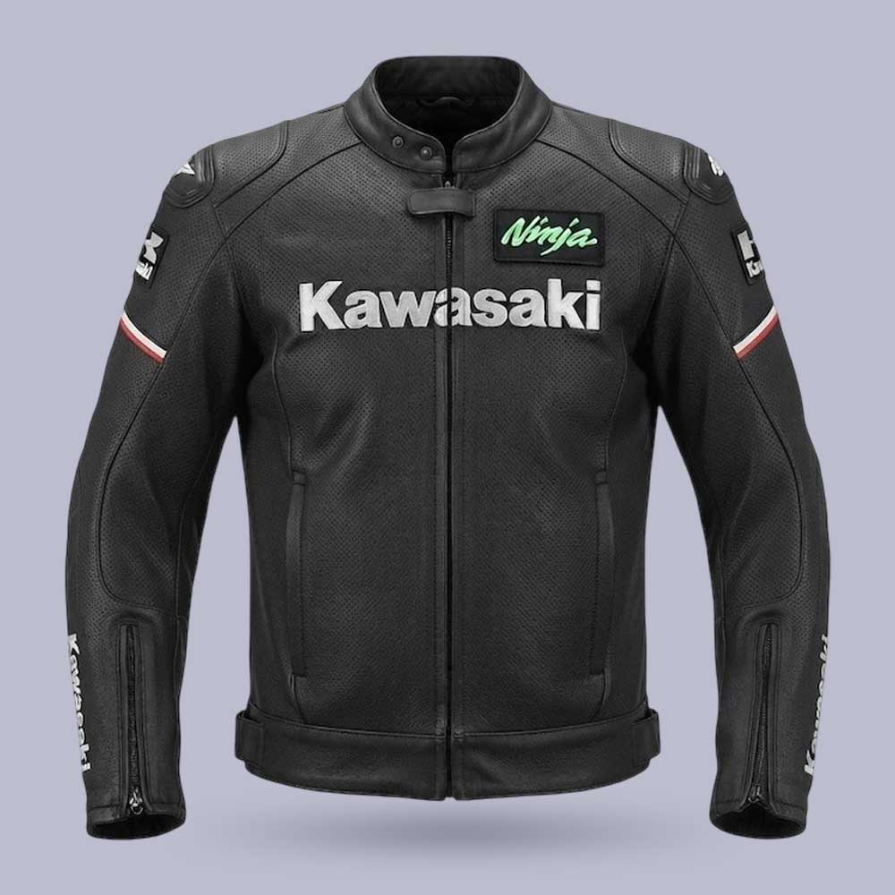Kawasaki Ninja black genuine leather motorcycle jacket with CE approved armor