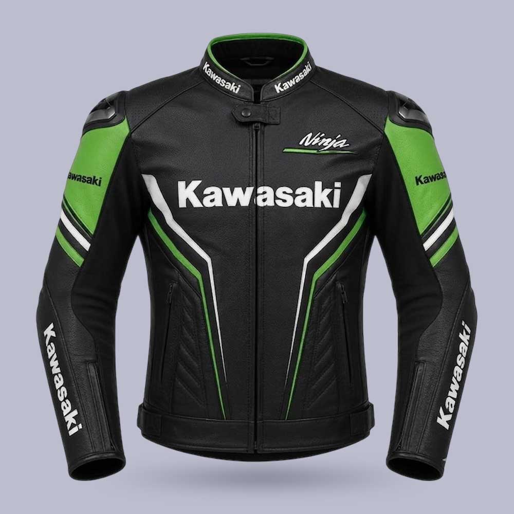 Kawasaki Ninja black green genuine leather motorcycle jacket