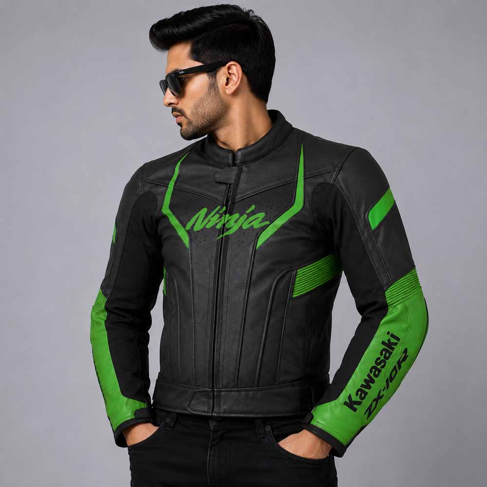 Men's Kawasaki Ninja ZX14R Black and Green Leather Racing Jacket with Performance Fit