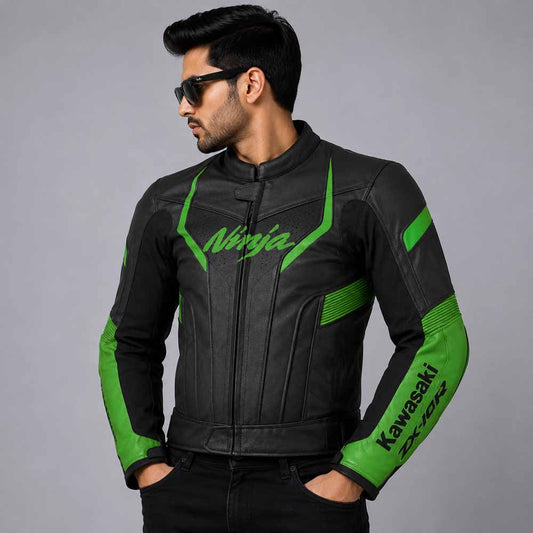 Men's Kawasaki Ninja ZX14R Black and Green Leather Racing Jacket with Performance Fit