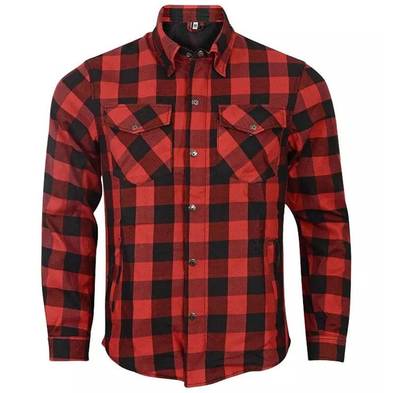 Kevlar Lined CE Armored Motorcycle Flannel Shirt in Red