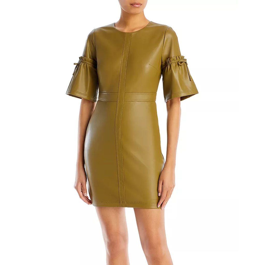 Khaki Women's Mini Leather Dress - Stylish Bell Sleeves