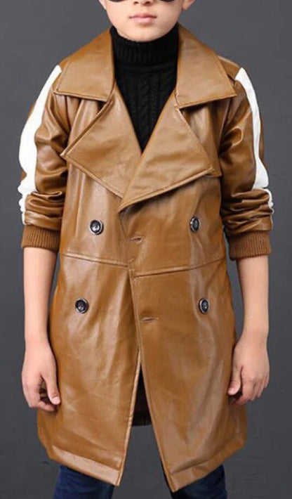 Kids Windbreaker Lapel Brown Leather Trench Jacket