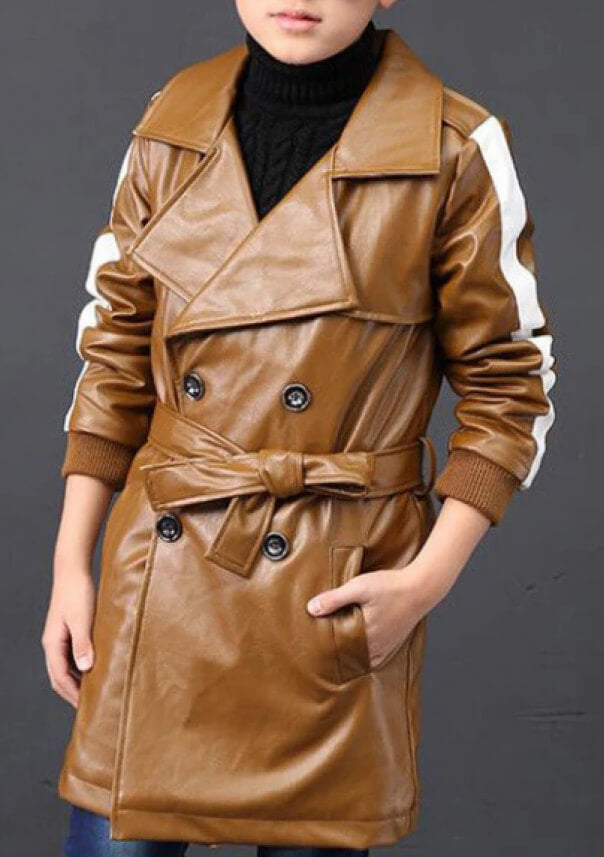 Kids Windbreaker Lapel Brown Leather Trench Jacket