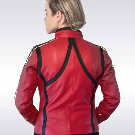 Red leather jacket with black accents