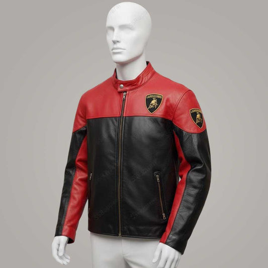 Men's Lamborghini Racing Leather Jacket in Red and Black