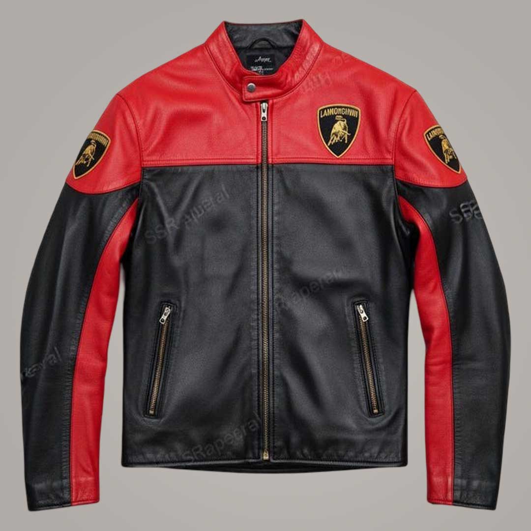 Men's Lamborghini Racing Leather Jacket in Red and Black