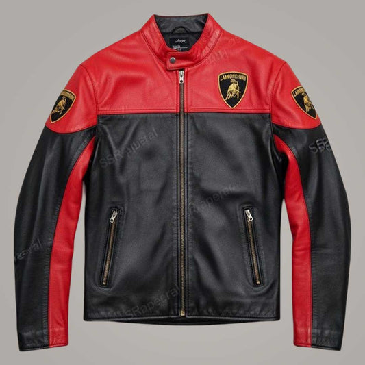 Men's Lamborghini Racing Leather Jacket in Red and Black