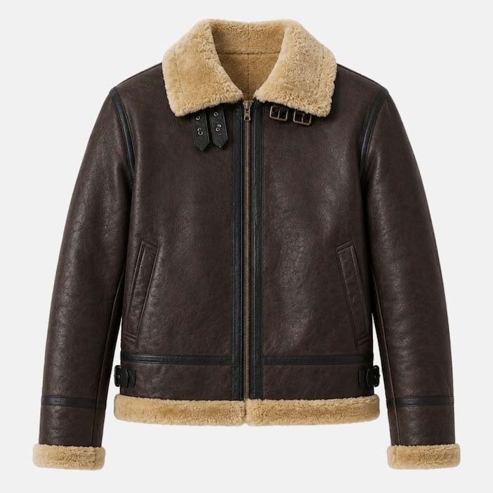 Brown aviator leather jacket with shearling lining and cuffs