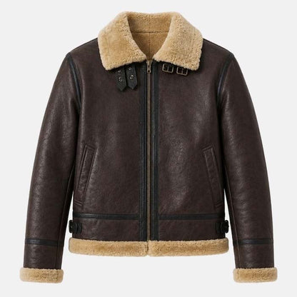 Brown aviator leather jacket with shearling lining and cuffs