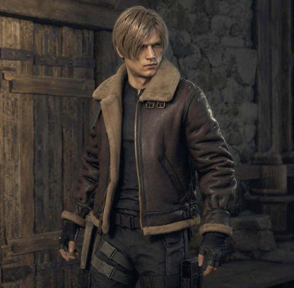 Leon-inspired brown leather gaming cosplay winter jacket