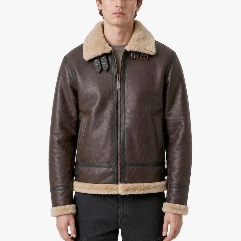 Men’s brown shearling leather jacket with wide shearling collar