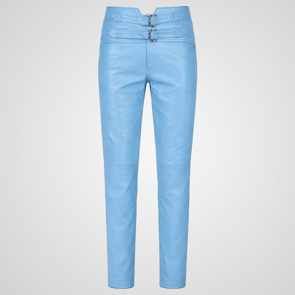 Light blue genuine leather pants with slim fit modern cut