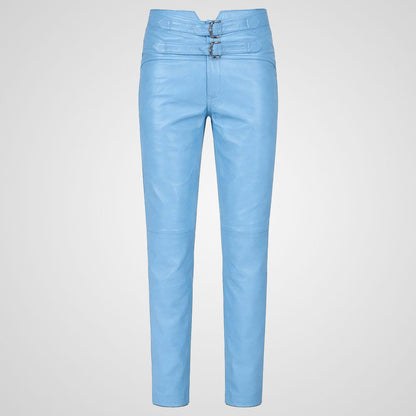 Light blue genuine leather pants with slim fit modern cut