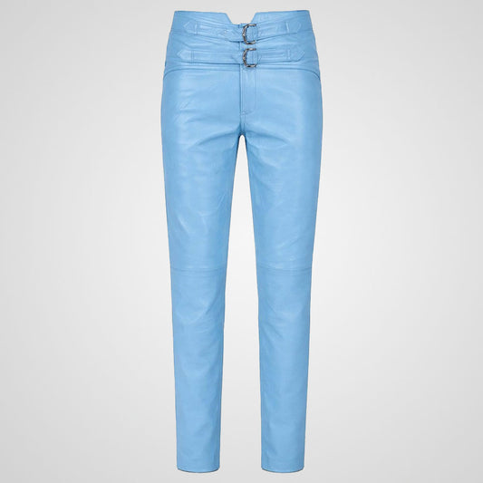 Light blue genuine leather pants with slim fit modern cut