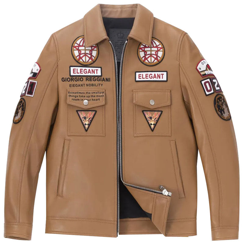 Light Brown Bomber Leather Jacket with Embroidery Patches