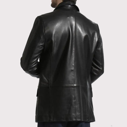 Elegant Long Black Leather Blazer Coat for Men