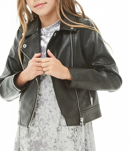 Girls Long Sleeves Black Leather Moto Kids Jacket