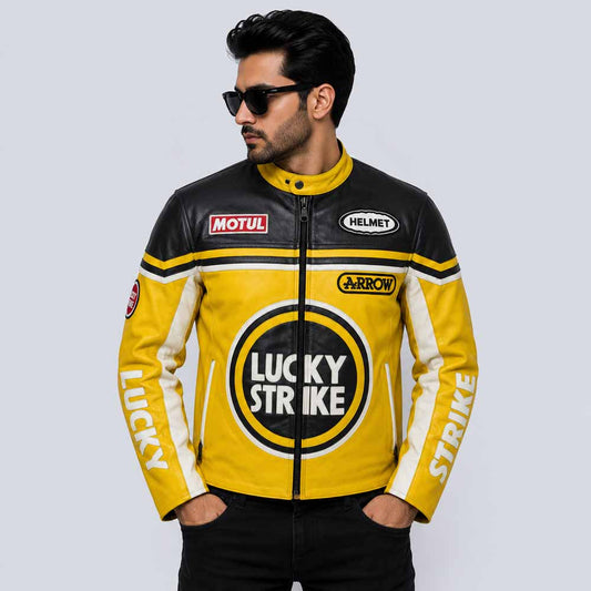 Men Yellow Lucky Strike Genuine Leather Motorcycle Jacket Front View