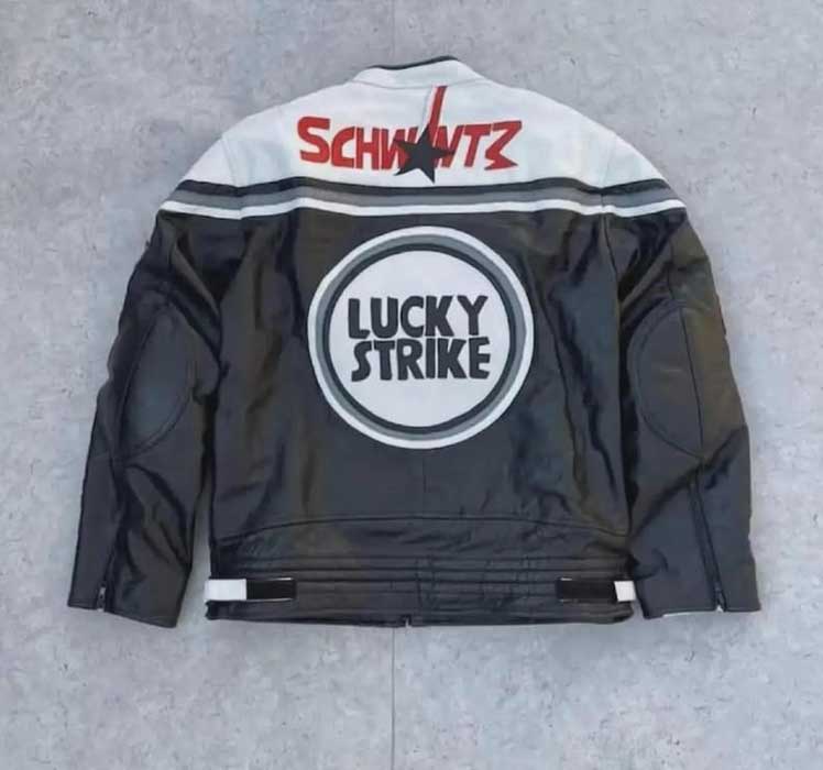 Men Lucky Strike White Black Cowhide MotoGP Racing Leather Jacket