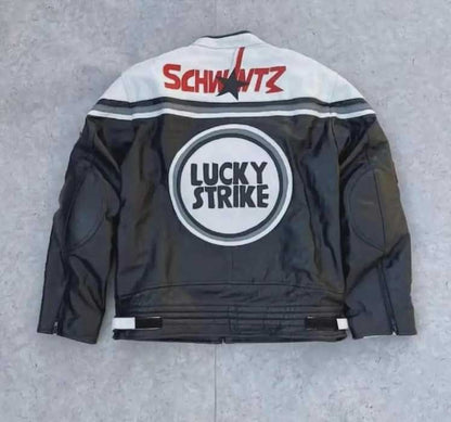 Men Lucky Strike White Black Cowhide MotoGP Racing Leather Jacket