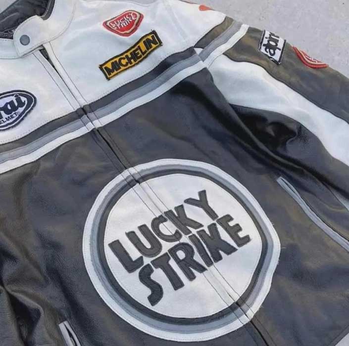 Men Lucky Strike White Black Cowhide MotoGP Racing Leather Jacket