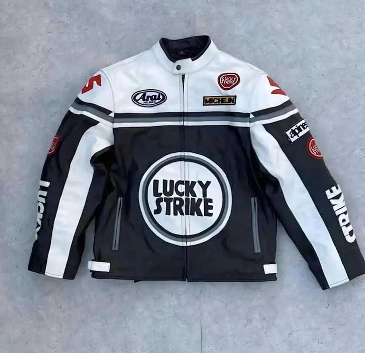 Men Lucky Strike White Black Cowhide MotoGP Racing Leather Jacket