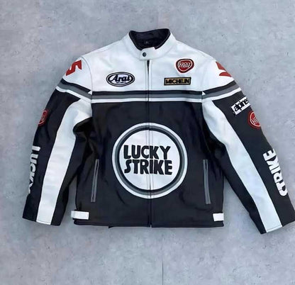 Men Lucky Strike White Black Cowhide MotoGP Racing Leather Jacket