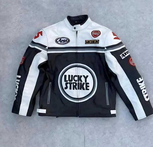 Men Lucky Strike White Black Cowhide MotoGP Racing Leather Jacket