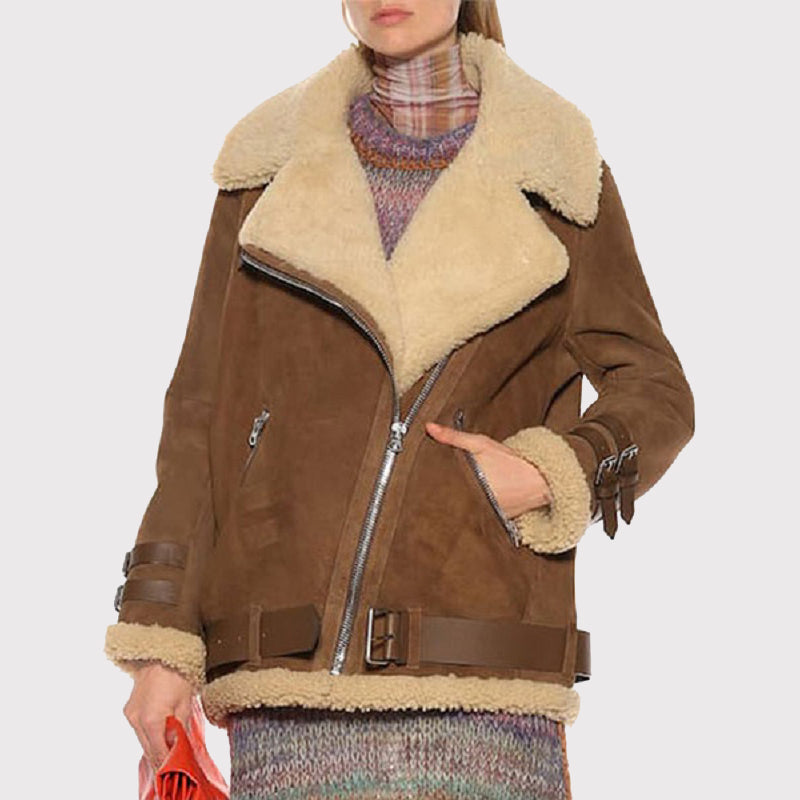 Luxurious Women's Brown Suede Shearling Jacket