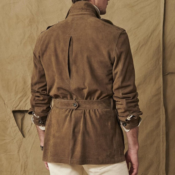 Luxury Suede Safari Jacket with Belt & Multiple Pockets